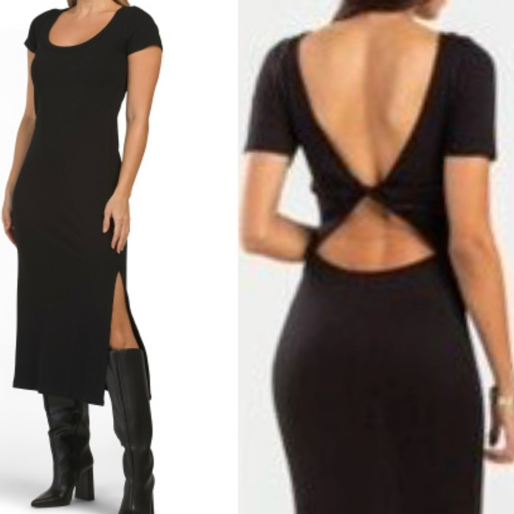 TRIXXI ribbed black fitted cap sleeve twisted open back midi dress